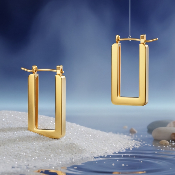 🆕️Dainty Gold Rectangle Drop Earrings - 18K Plated 316L Minimalist Chic 💫 - Picture 1 of 12
